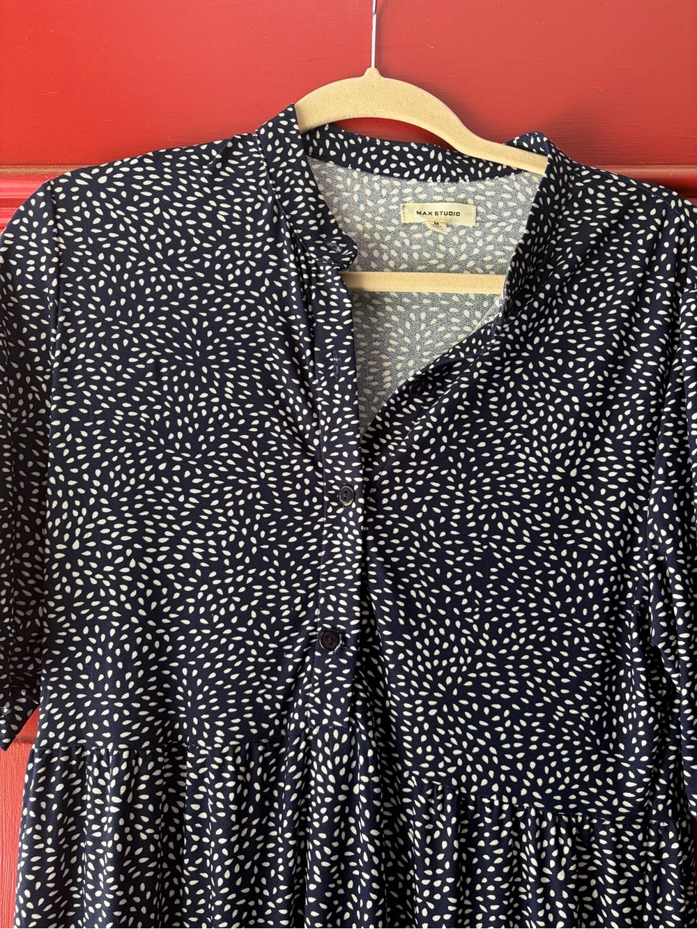 Max Studio Navy with White Dot Tiered Midi Dress. Size M - Picture 2 of 3